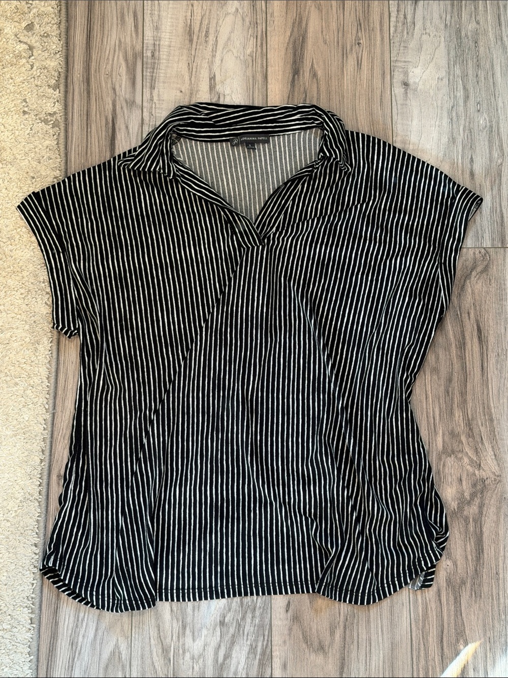 Adrianna Papell Black and White Striped Collared Short Sleeve Top